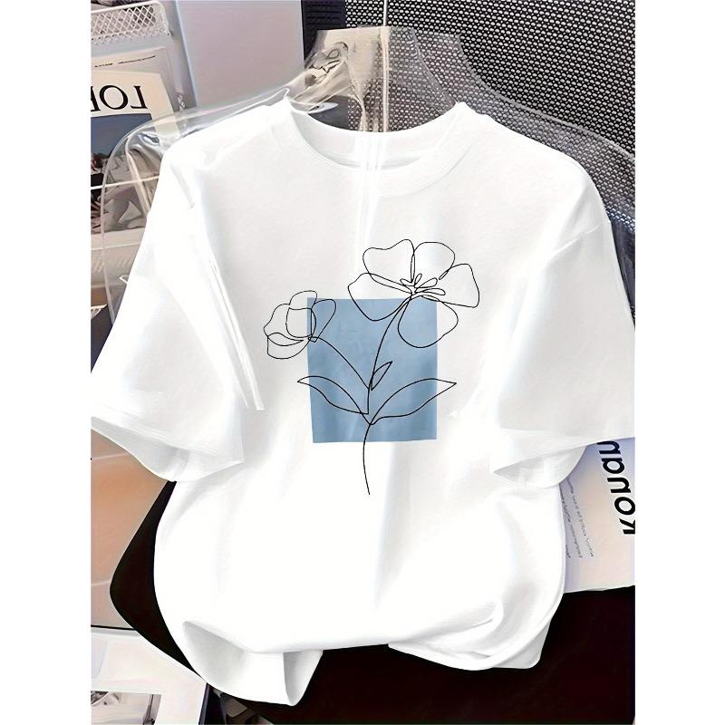 

European sizes[Directional] Women s Fashion Baseboard Printed T-shirt, Soft, Versatile, Background Flower Patterns 4XL