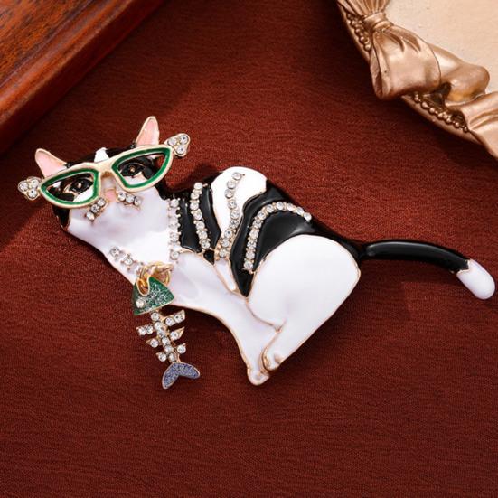 Broșă Pisică cu Strasuri Sclipitoare, Ac de Broșă cu Ochelari de Soare Verzi, Pandantiv Pește, Smalț cu Picături de Ulei, Insignă Animal