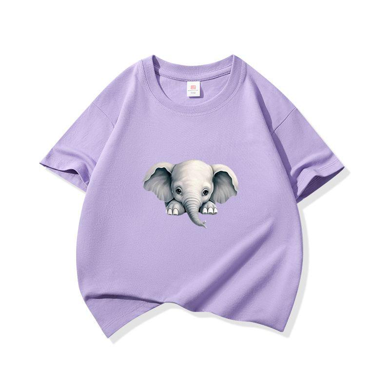 Kids Cotton T Shirt Cute Peeking Little Elephant Print Crew Neck Short Sleeve Tee Casual Breathable Boys Girls Summer Tops
