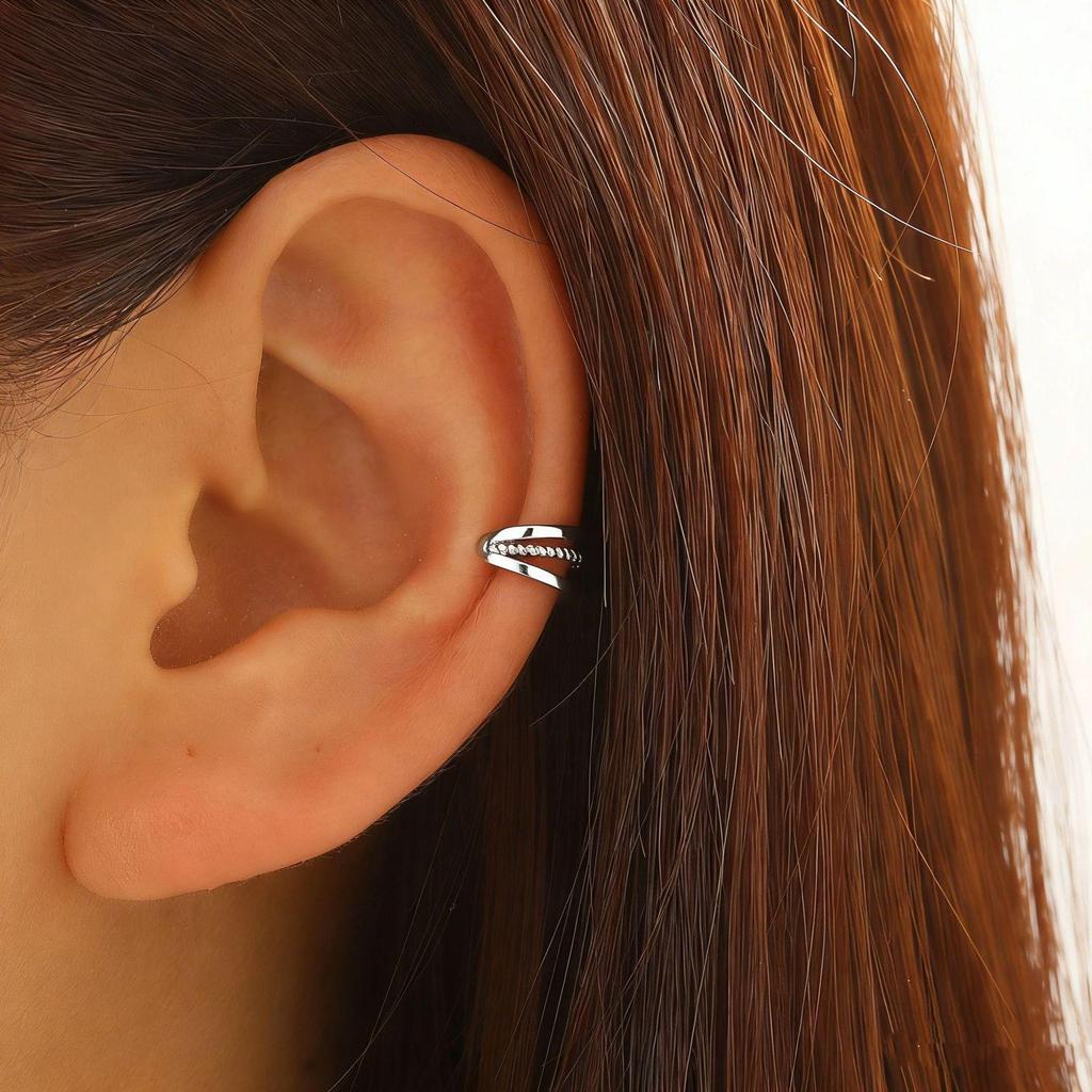 Clip per orecchio retrò francese a doppio strato in lega senza buco: Ear Cuff Semplice da Donna, Stile Freddo, di Nicchia Coreano, Temperamento