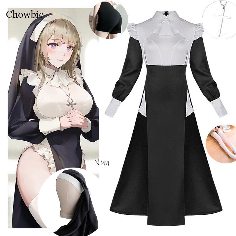 Sultry Chowbie Nun Cosplay Costume With Cross For Halloween