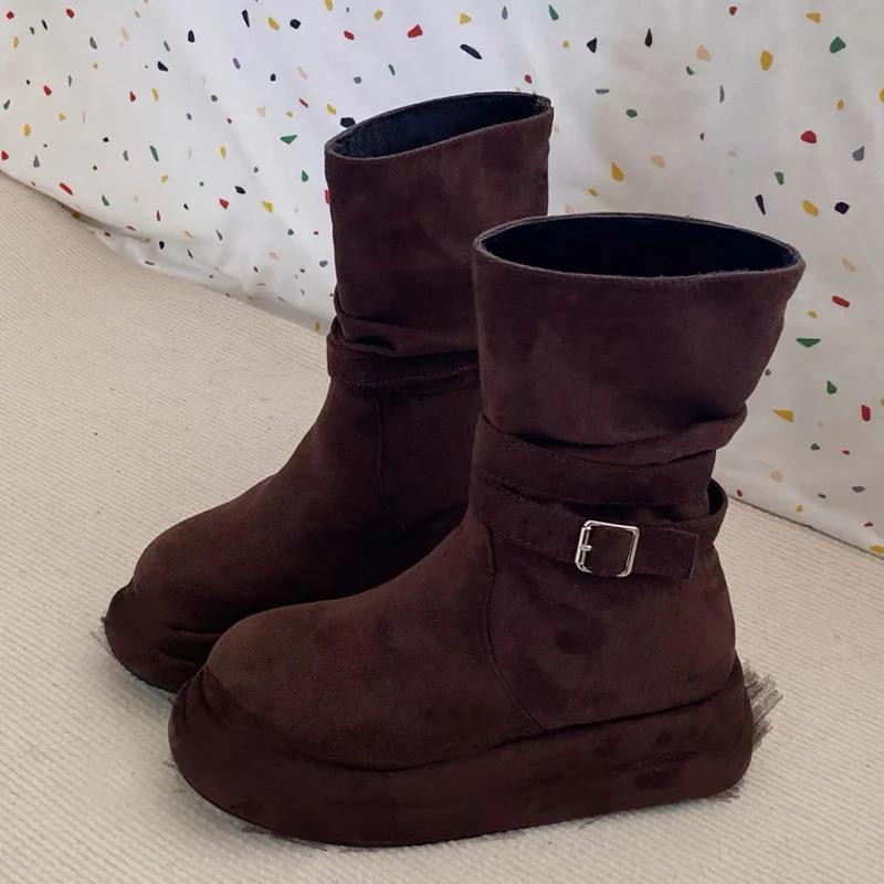 Platform Women Suede Ankle Boots Retro Mid Heels Shoes New Brand 2025 Trend Designer Classic Buckle Gladiator Winter Botas Mujer