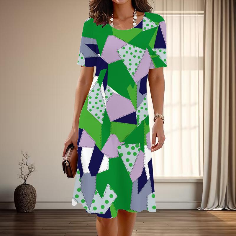 Damenmode Anmutige Geometrische Muster Druck Sommer Frühling Kurzarm Rundhals Lässige Kleider