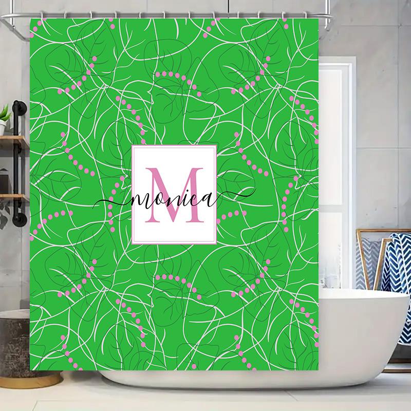 

Custom Monogrammed Shower Curtain Set For Bathroom Decor Green Floral Print With Pink Accents, Custom Initials Disp W60H190(CM)-1 Pcs