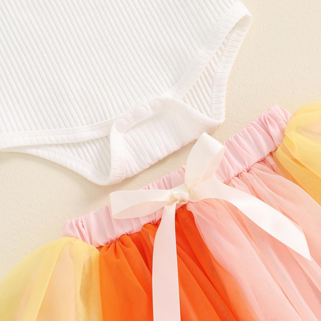 Baby Girls Birthday Outfit Letter Print Short Sleeve Rompers and Colorful Tulle Skirt Set Summer Cute Clothes