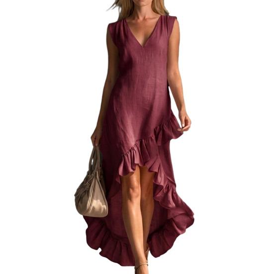 Женское платье-майка без рукавов, повседневное, свободное, с V-образным вырезом, с оборками по подолу, платье-трапеция, летящее, для пляжного отдыха, сарафан XXXL вино красного
