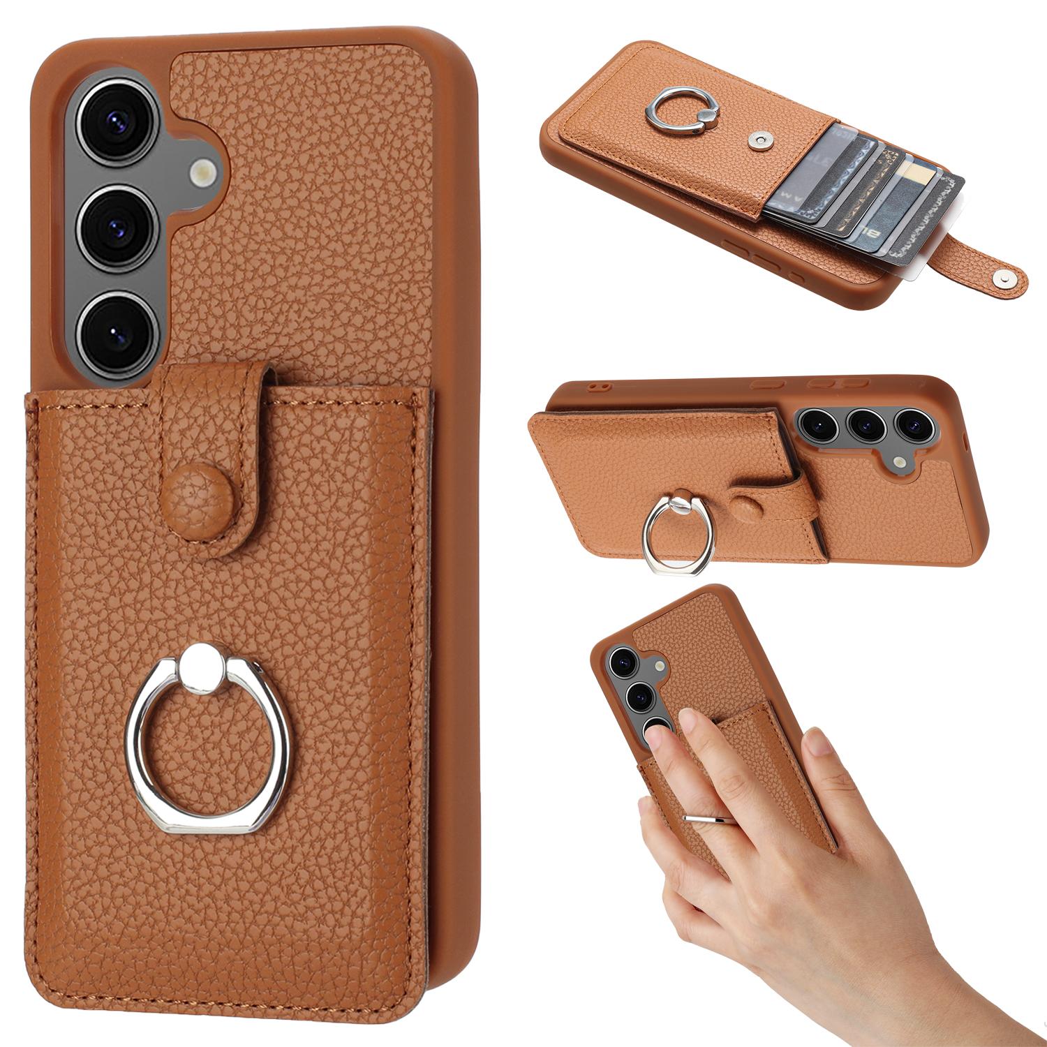 

For Samsung Galaxy S24 Case Drawing Type Card Slots Litchi Texture Leather Back Cover with Ring Kickstand Brown