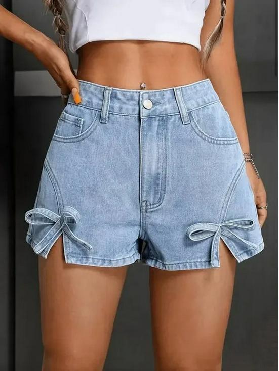 European & American Style Bowknot Denim Slit High-Waisted Retro Summer Shorts for Women