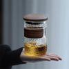 Japanese Style Heat-resistant Glass Tea Cup with Walnut Holder Transparent Tea Water Separation Filter Cup Tea Maker Cup