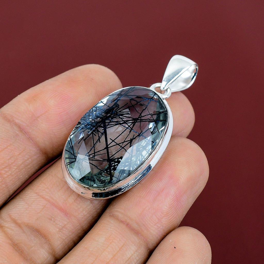Faceted Black Rutile Pendant Gemstone Pendant 925 Sterling Silver Pendant Handmade Black Rutile Jewelry Gifts for Her Latest Design Pendant