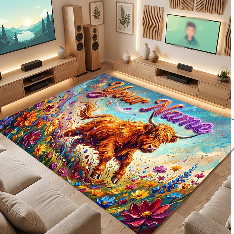 Highland Cow Theme Soft Crystal Velvet Rug Custom Name & Text Print Non Slip Floor Rug for Bedroom Living Room