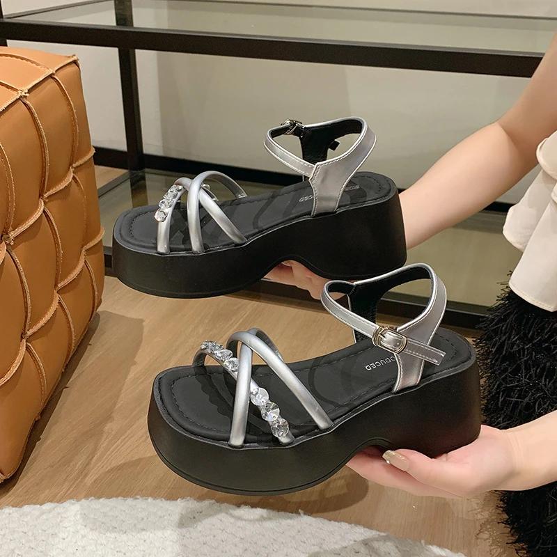 Fashion Sandals with Heels Cross Shoes 2024 Women's Shoes Cross Shoes Open Toe Medium Thick New Style Girls Summer Rhinestones