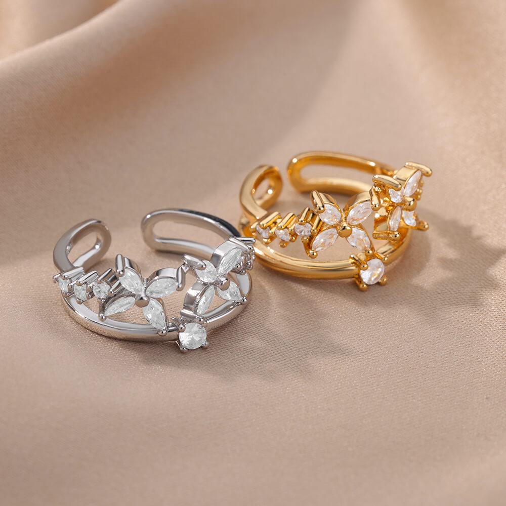 Zircon Four Leaf Clover Rings For Women Crystal Stainless Steel Double Layered Geometric Adjustable Ring Wedding Jewelry Gift