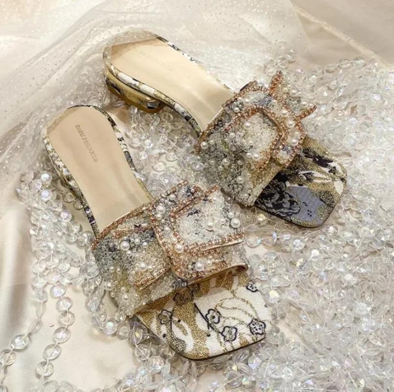 Modische Plateauschuhe mit klobigem Absatz für Damen, Strass-Slipper, Damenschuhe, Komfort, Sommer, Peep-Toe, Damenschuhe Mujer