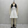 Women's Sleeveless Dress, Off White, Black Collar, Gold Square Buttons