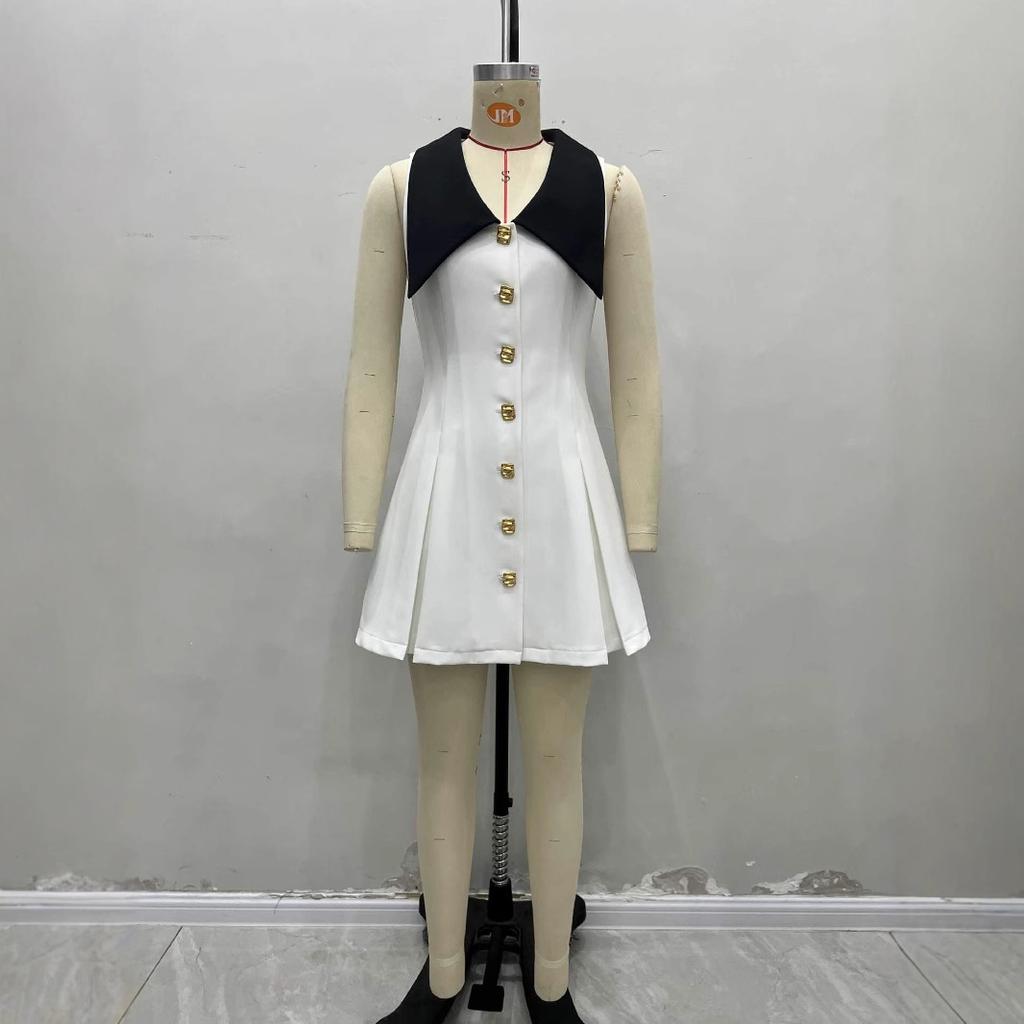 Women's Sleeveless Dress, Off White, Black Collar, Gold Square Buttons