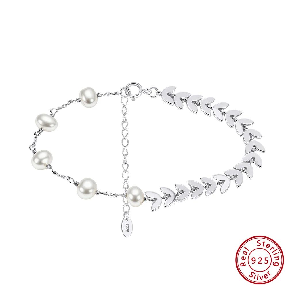 ORSA JEWELS 925 Sterling Silver Vintage Chunky FishBone Link Chain Bracelet with Pearl for Women Girls Fashion Jewelry GPB45