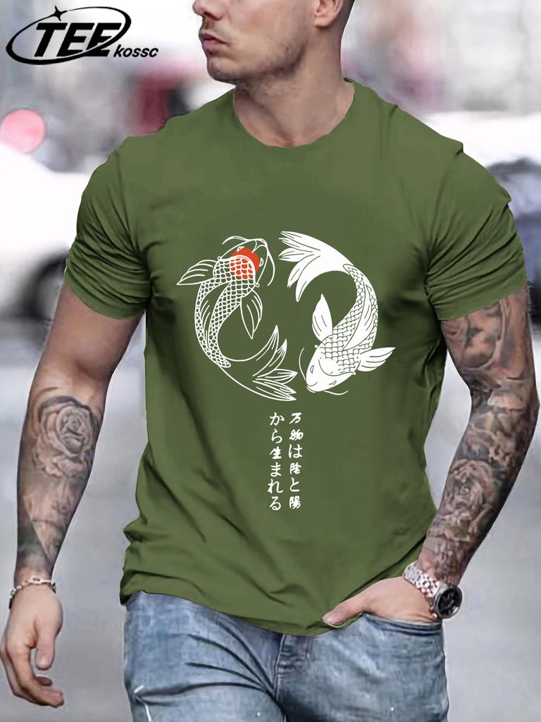 Two Koi Fish Swimming In WatertShirts Men Cotton Casual T Shirt Breathable Crewneck Short Sleeve Unisex Summer Fashion Clothing