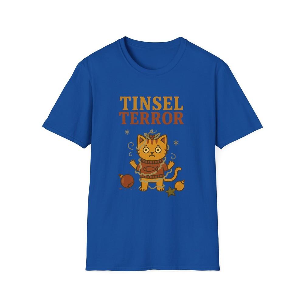 Unisex Softstyle T-Shirt Tinsel Terror Funny Christmas Cat Ornament Chaos Tee