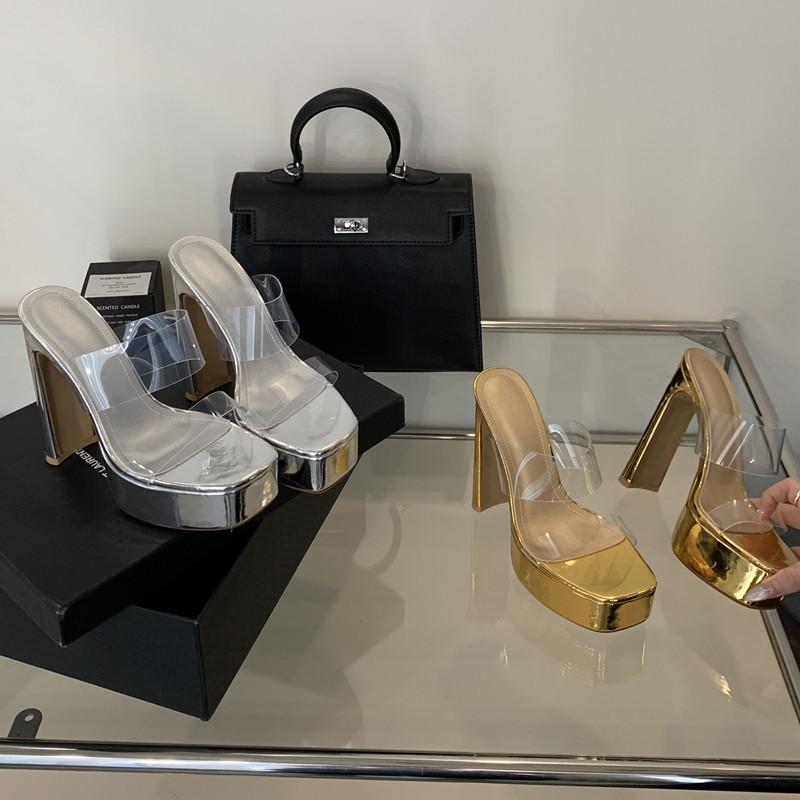 15cm Ultra High heels Platform Wedges Women Slippers Sandals Transparent PVC Chunky Heeled Mules Slides Summer Shoes