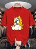Unisex Crew Neck Tee Tabby Cat Catch Fish Cartoon Print Soft Cotton Loose Breathable Short Sleeve Summer Casual Street Daily Tops