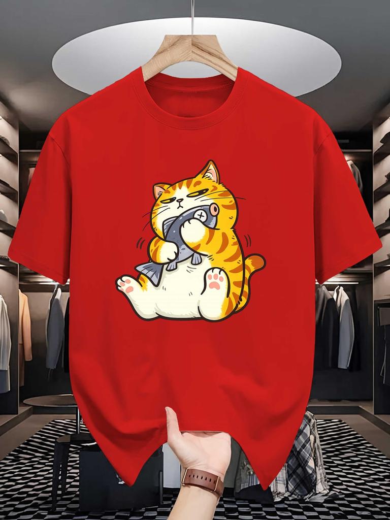 Unisex Crew Neck Tee Tabby Cat Catch Fish Cartoon Print Soft Cotton Loose Breathable Short Sleeve Summer Casual Street Daily Tops