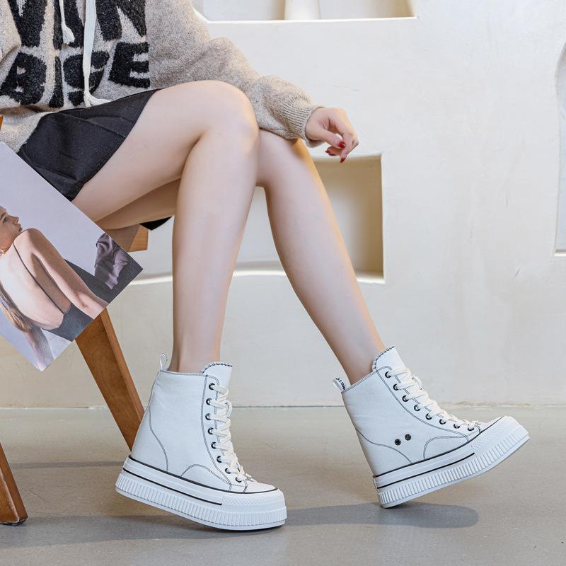 Platform Canvas Women's Shoes Spring 2025 New 13CM Invisible Inner Height Increase High-top Muffin Shoes Casual Versatile Tide