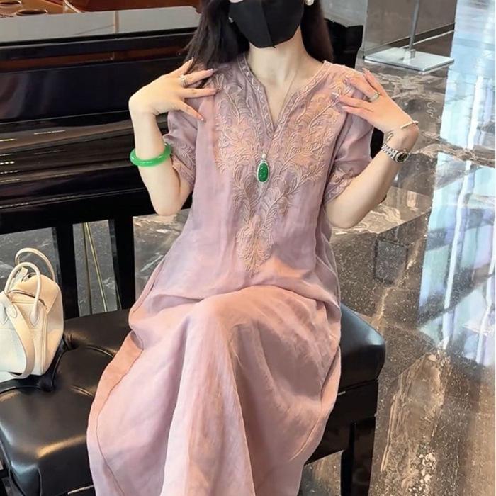 Cotton-Linen Chinese Style Embroidered Dress - Summer 2025 Collection XL