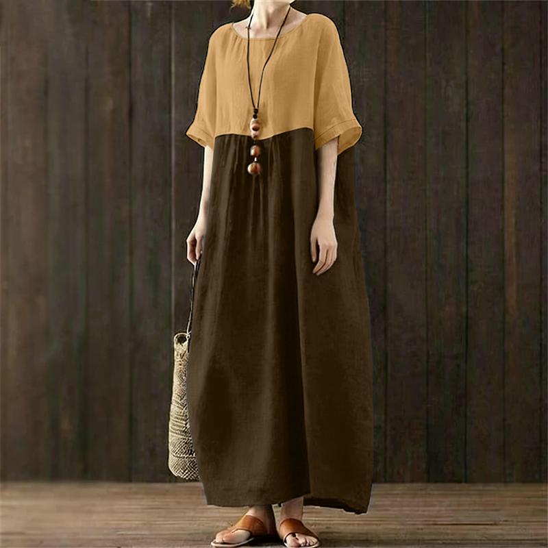 ZANZEA Women Casual Round Neck Half Sleeve Patchwork Long Dress