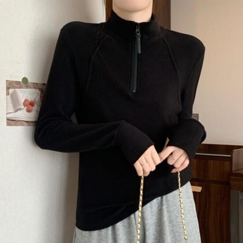 Navava VelveT Zip Up Half Mock Neck Long Sleeve T shirT nT2143