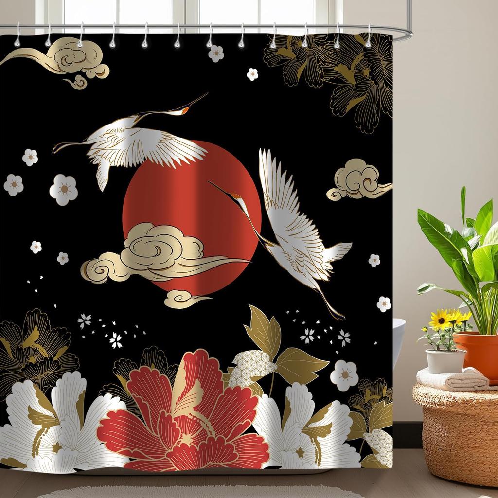 Japanese Shower Curtain, Black Gold Pine Tree Red Sun Abstract Asian Anime Shower Curtain Set for Bathrooom, Waterproof