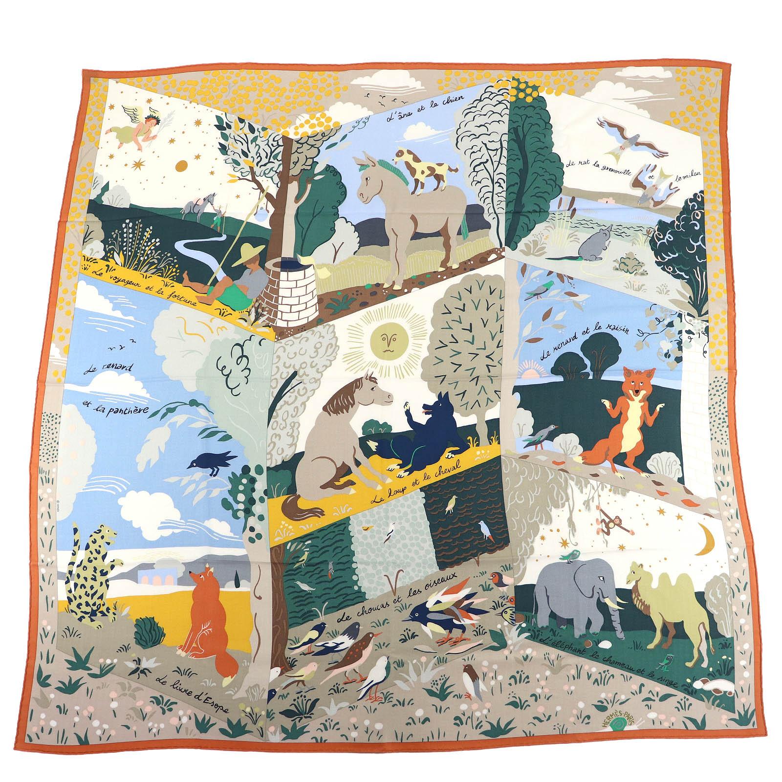 

Excellent HERMES scarf Aesop s Fables Carre 140 Carrejean cashmere Women Used