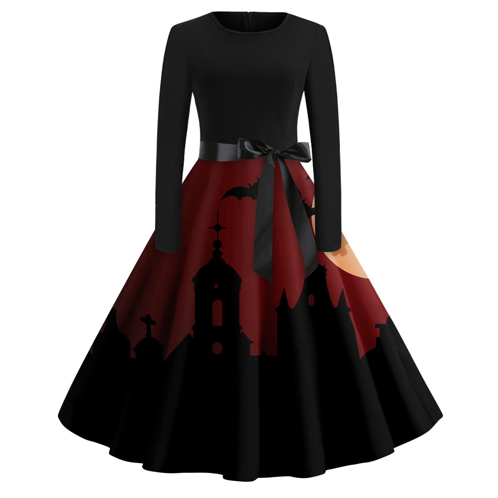 

Женское винтажное платье для выпускного вечера с длинным рукавом и принтом на Хэллоуин для всей семьи S