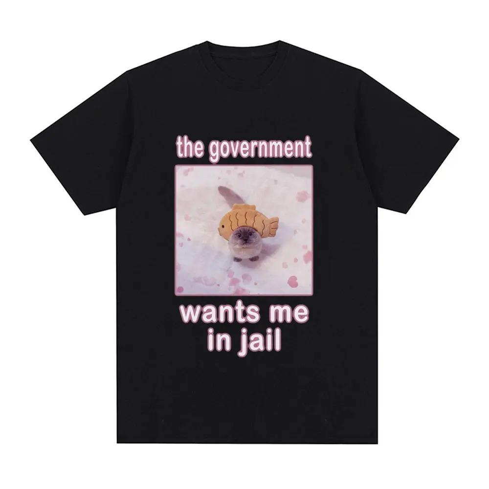 Oversized Black Short-Sleeve T-Shirt Featuring  The Government Wants Me In Jail  Siamese Cat In Taiyaki Hat Viral Meme Graphic Print 4XL