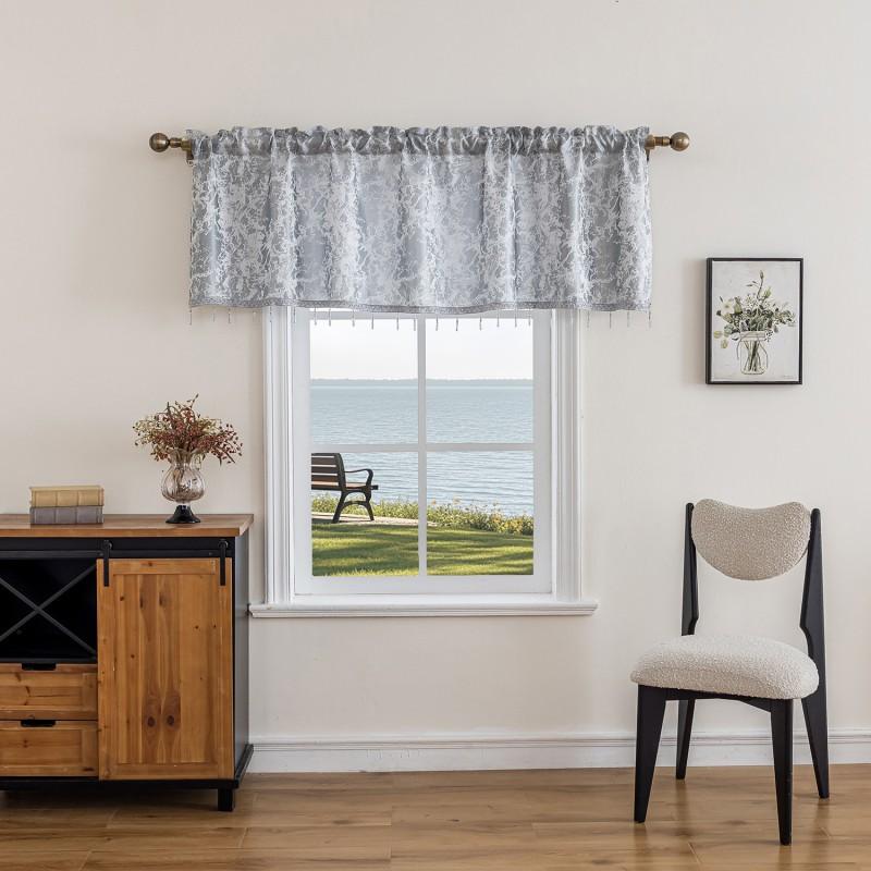 Embroidered Floral Sheer Curtain Panel Kitchen Window Farmhouse Style Short Valance In Black Gray Brown Red Navy