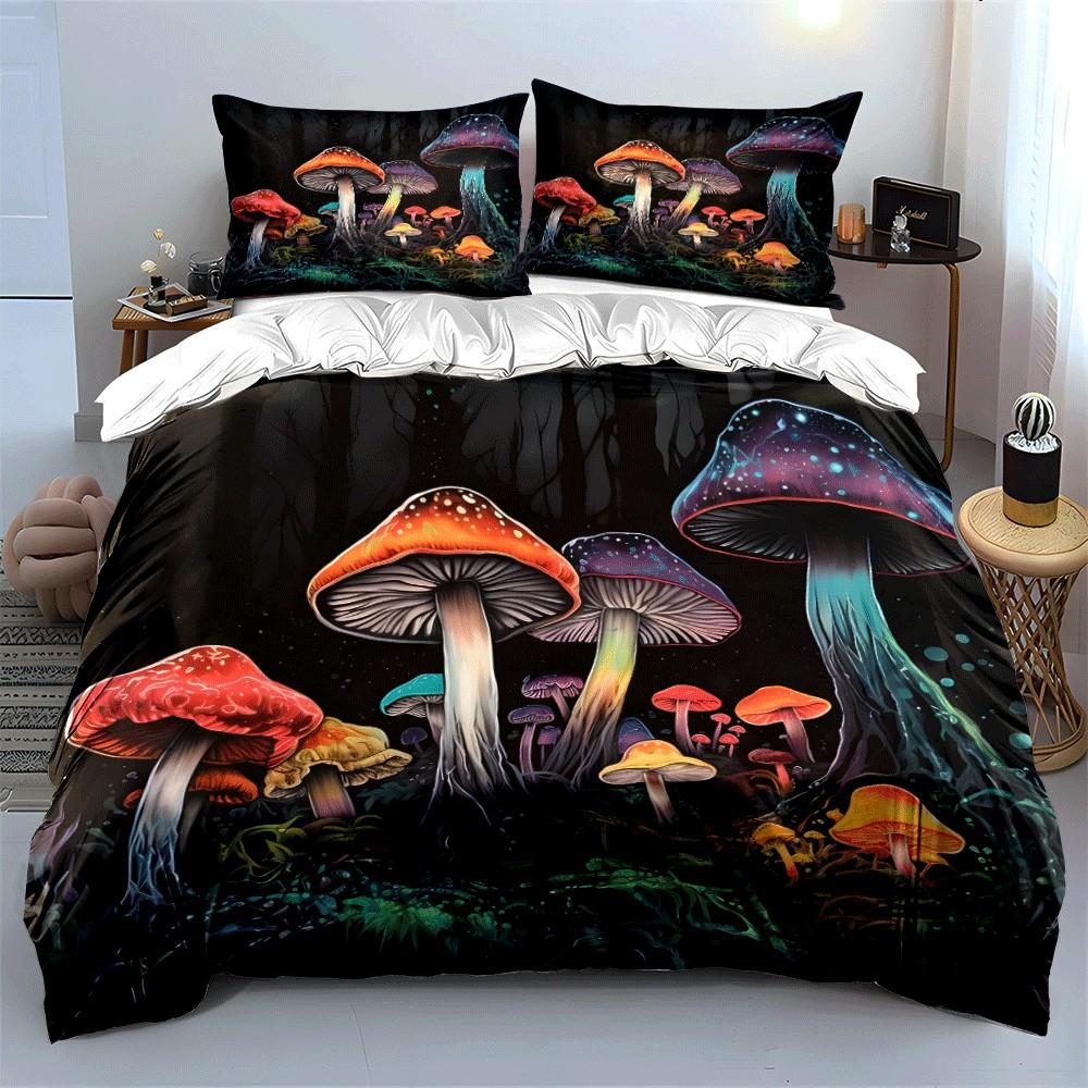 "Colorful Mushroom Fantasy Forest Scene" Exquisite three-piece bedding set gift for kids and adults