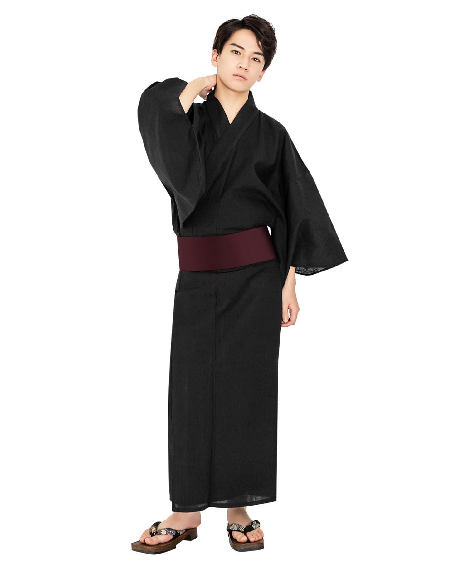 

Yukata set Plain x Black Square [Kyoetsu] Men s Set, Black, Navy, Stylish, C, 4-piece (M, C-7. (One-touch Obi, Purple))