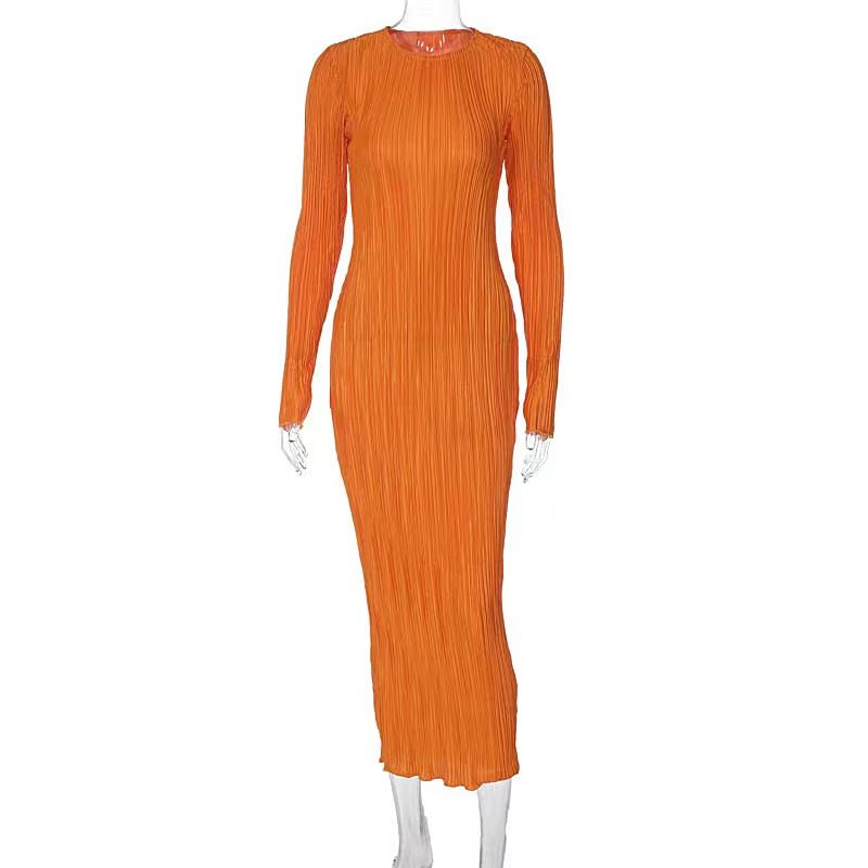 

Fall Fashion New Arrival Pleated Silm High Waist Stretch Long Sleeve Dress Pleated Stretch Dress Orange S