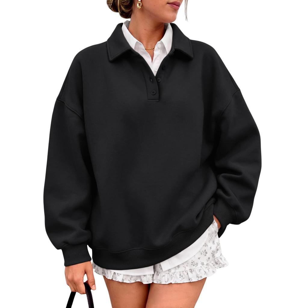 Women's Casual Loose Fit Button-Down Collar Long Sleeve Pullover Sweatshirt