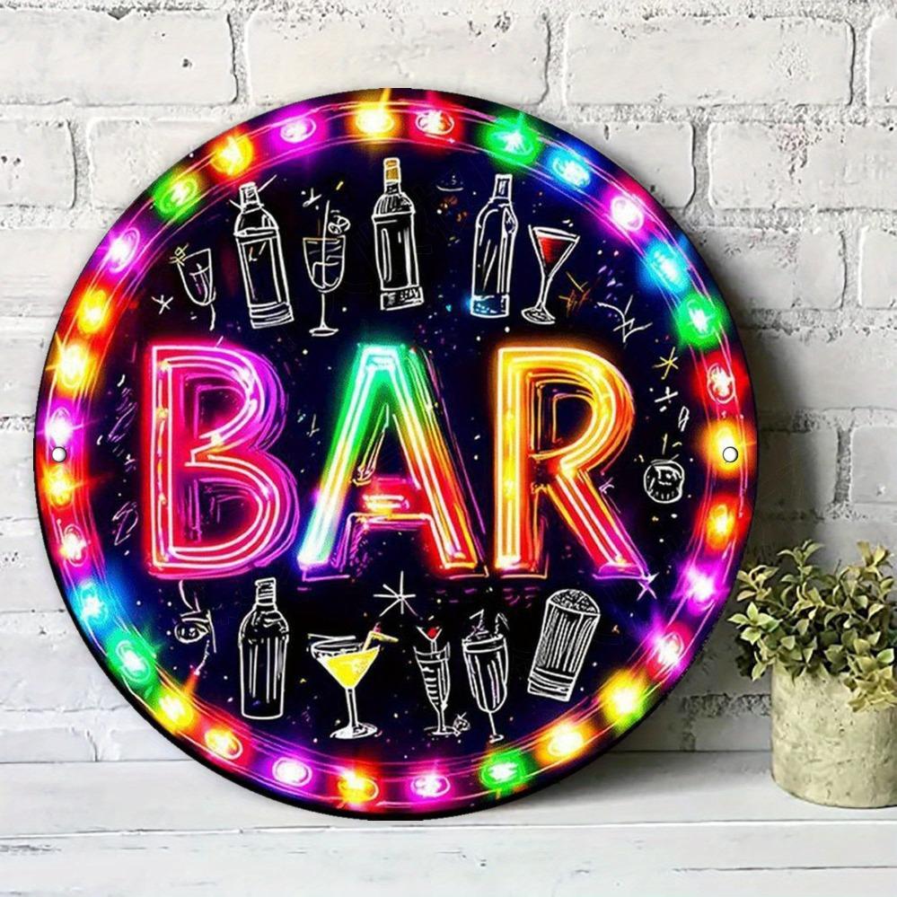 Mfoever Tin Sign Vintage Neon Effect BAR Cocktail Wine Bottle Themed Round Metal Tin Sign Retro Pub Man Cave Wall Decor Art Plaque