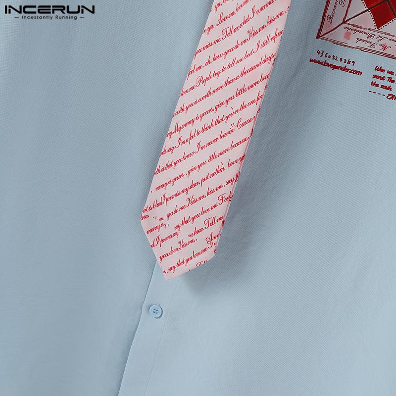 INCERUN Oversized Men Casual Lapel Tie Neck Short Sleeve Print Shirts Tops