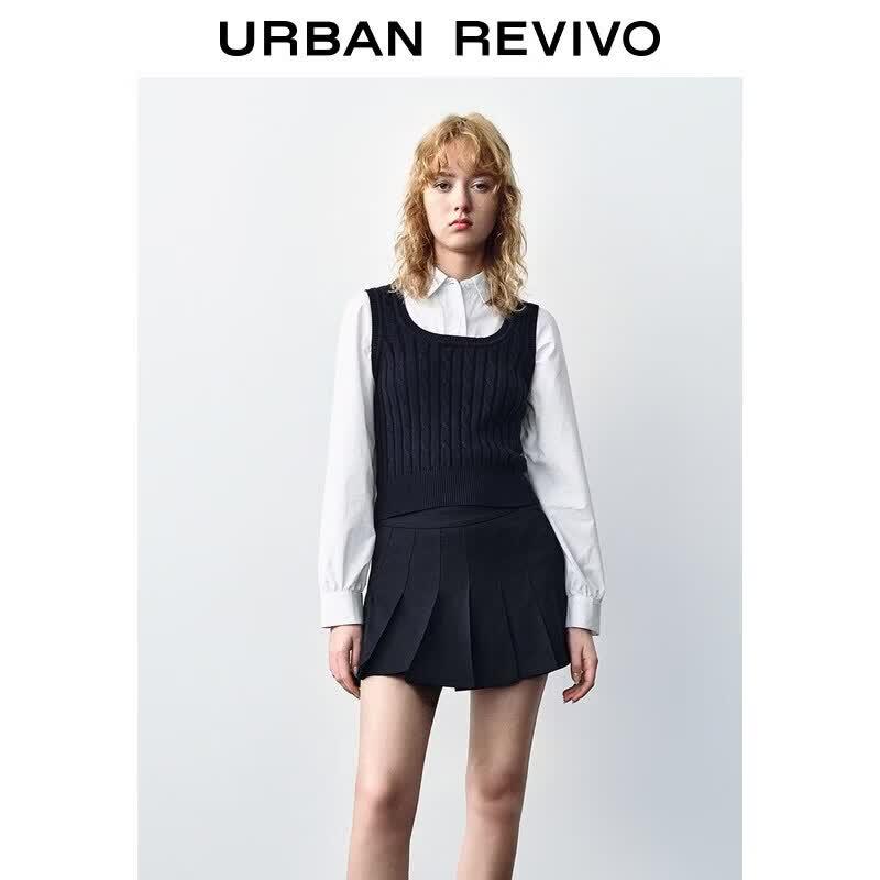 UR2026 Women s Faux Two-Piece Twist Cotton Knit Top XS королевский синий