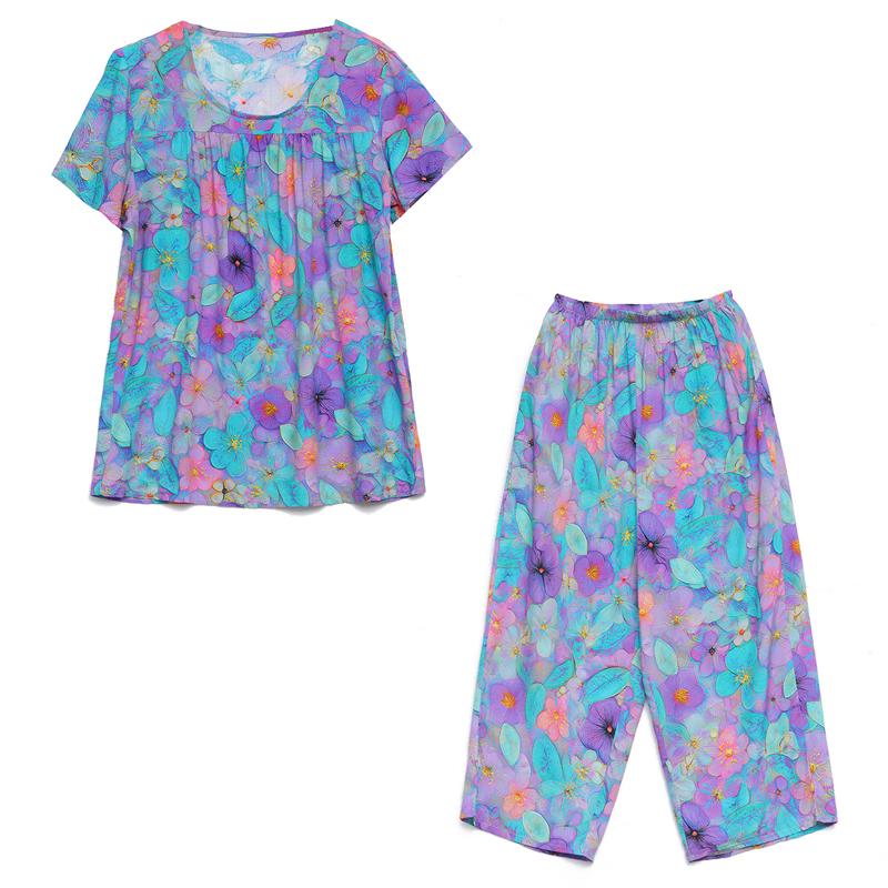 Women's Plus Size Floral Print 2-Piece Set, Casual Short Sleeve Top & Capri Pants (XL-7XL)