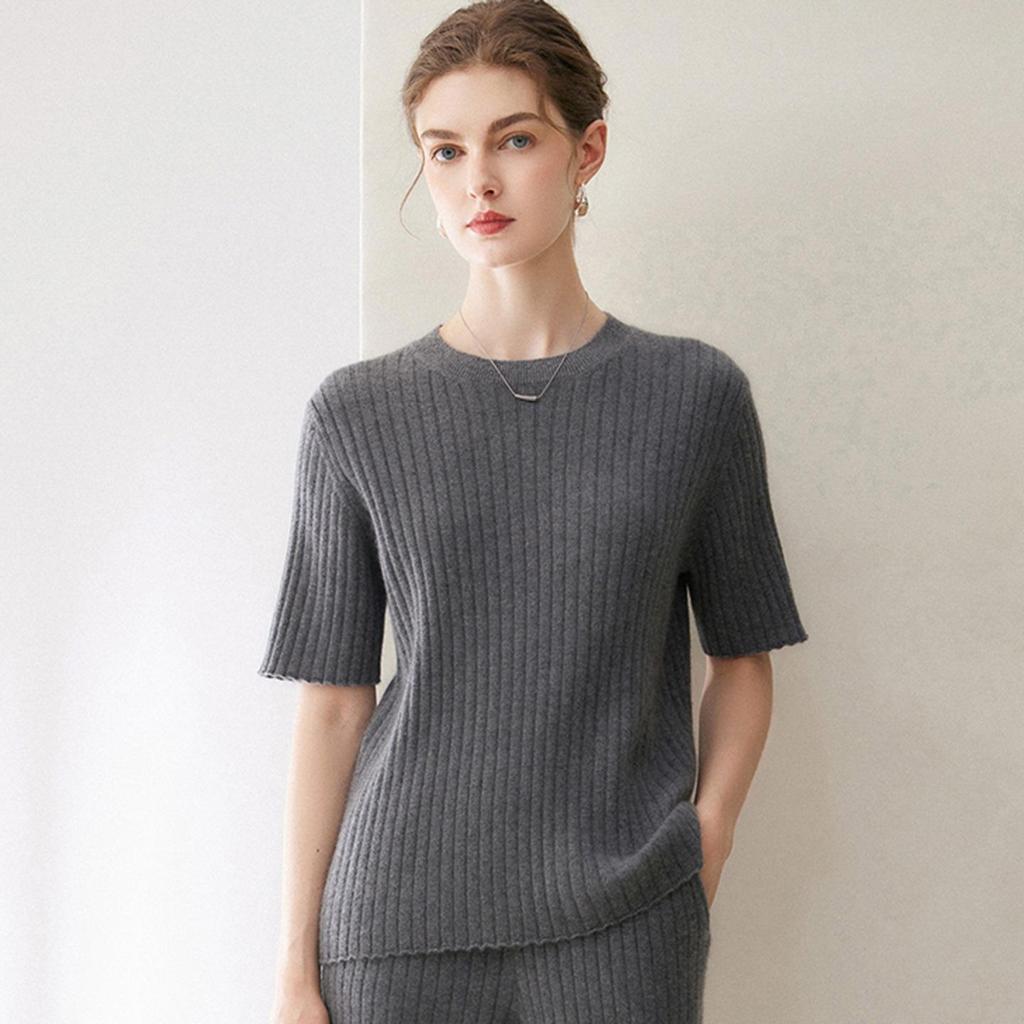 100% Pure Cashmere Round Neck Knit Short Sleeve Sweater