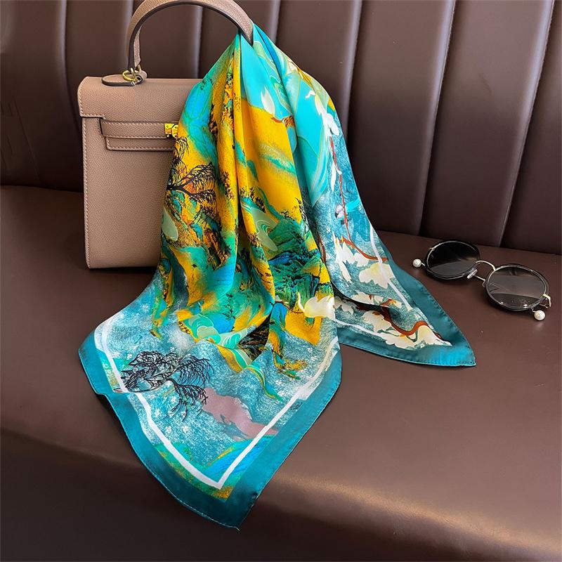 Mode Luxus Elegant Seidenähnlicher Quadratischer Schal Damen 70x70cm Leichtgewichtiger Landschaftskunstdruck Frühling Sommer Geschenk Schals