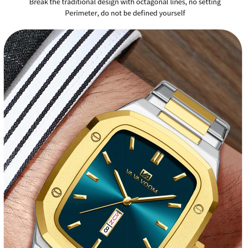 VA VA VOOM Business Rectangle Dial Waterproof Creative Dual Calendar Steel Strap Men's Watch
