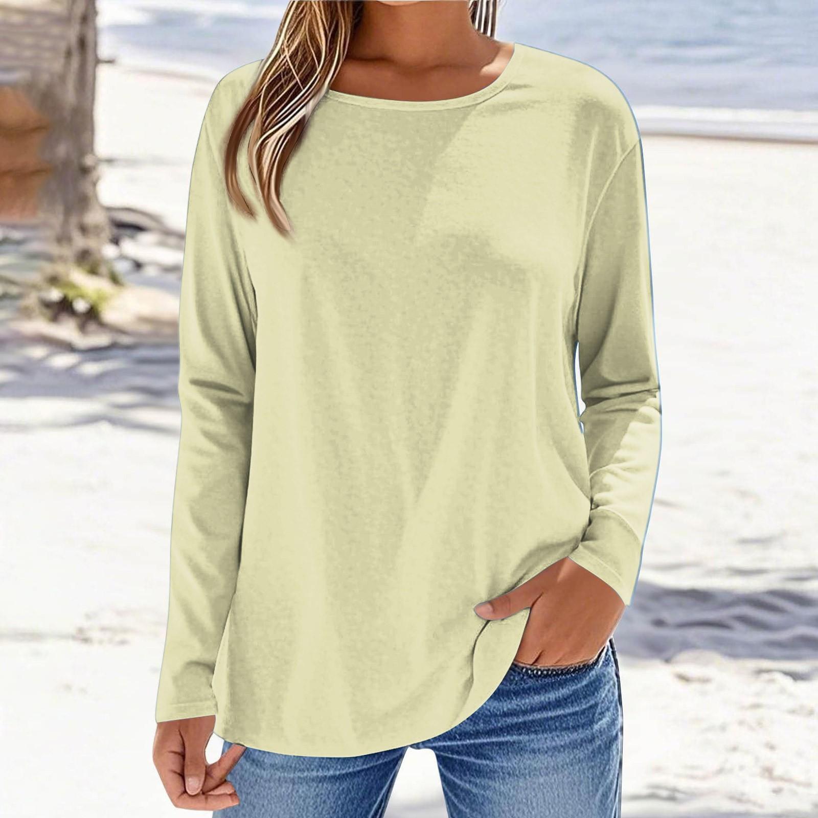 

Женская модная повседневная однотонная футболка с длинным рукавом и круглым вырезом Футболка с круглым вырезом XL жёлтый