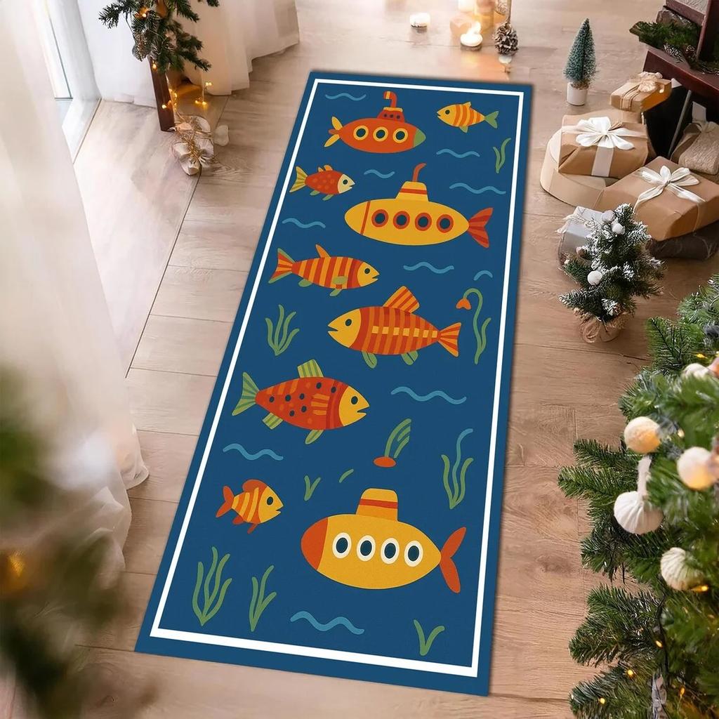 Vintage Nautical Fish Runner Rug Colorful Geometric Fish Kitchen Mat, Non-Slip Floor Rug for Hallway Room, Boho Coastal Rug
