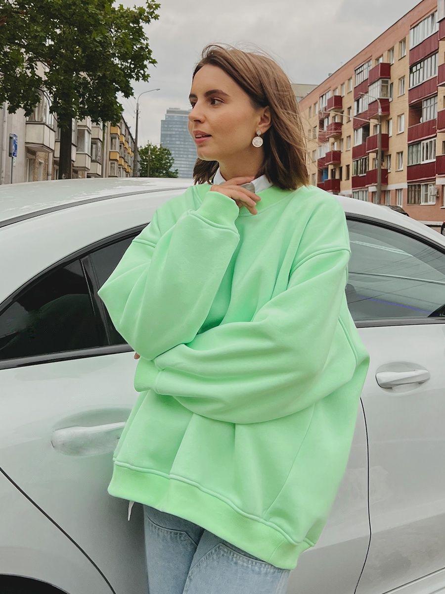 

Women s European & American Oversized Fleece Crew Neck Sweatshirt - Solid Color for Autumn/Winter 2026 Large неоновый зеленый
