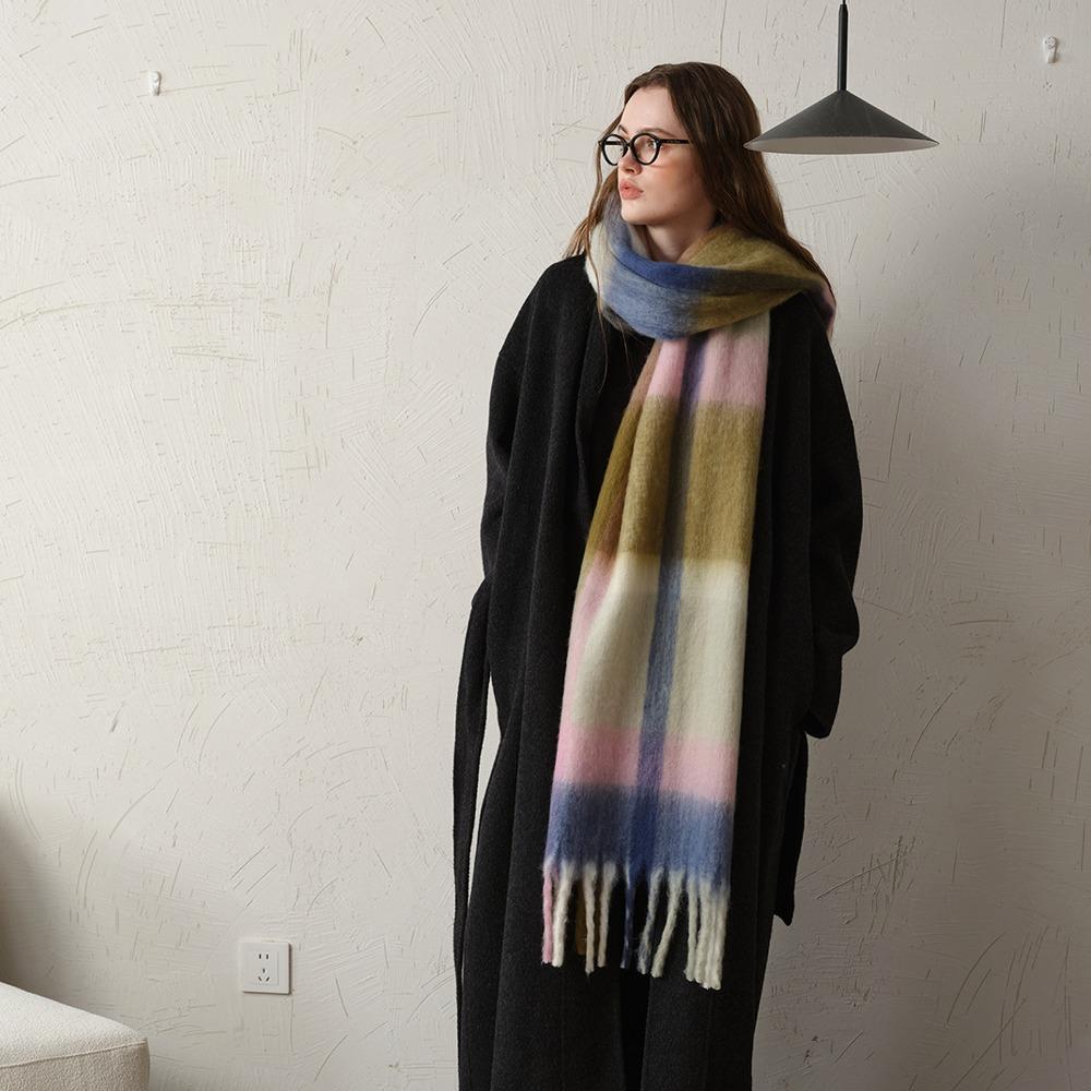 Scarf for Women Warm Chunky Winter Scarfs Plaid Shawl Wraps Warm Knit Thick Shawls Oversized Colorful Pink Grid Scarves
